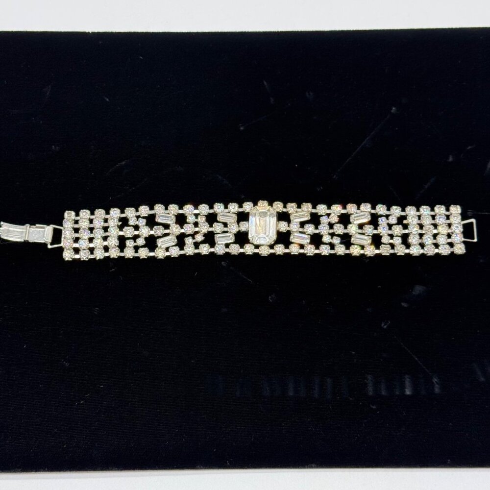 Vtg Clear Rhinestone Silver Tone Wide Bracelet Emerald Cut Center Stone Baguette